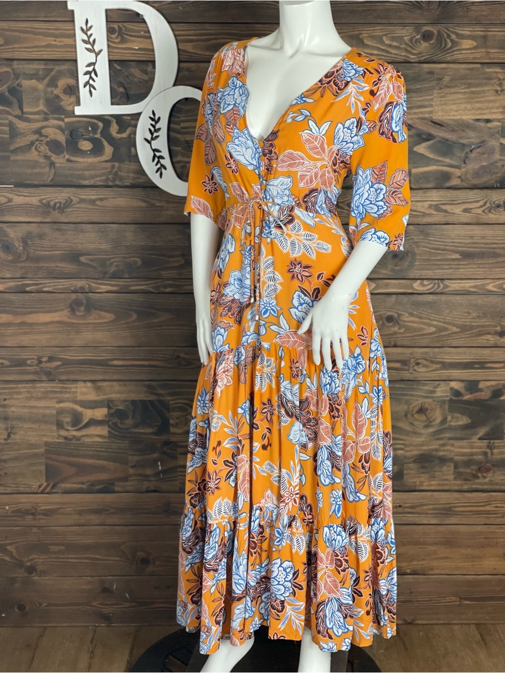 Abel The Label | Floral V-Neck Maxi Dress in Mustard Orange Button Down Tiered